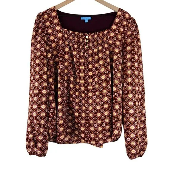 Draper James Allover Geo Printed Long Sleeve Square Neck Top - Picture 2 of 7